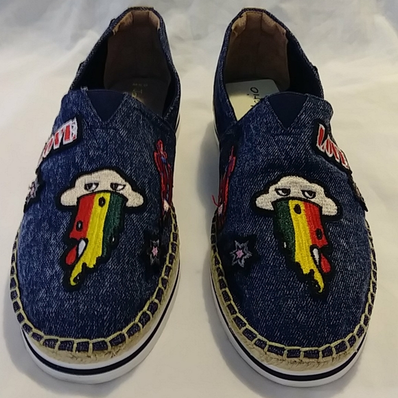 Denim Slip On Espadrille "LOVE" "GET ME A PIZZA" - Picture 3 of 11